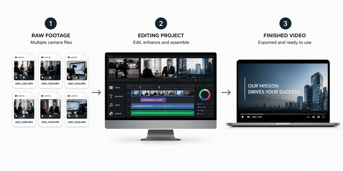 Raw footage, editable project files and finished video in a production workflow