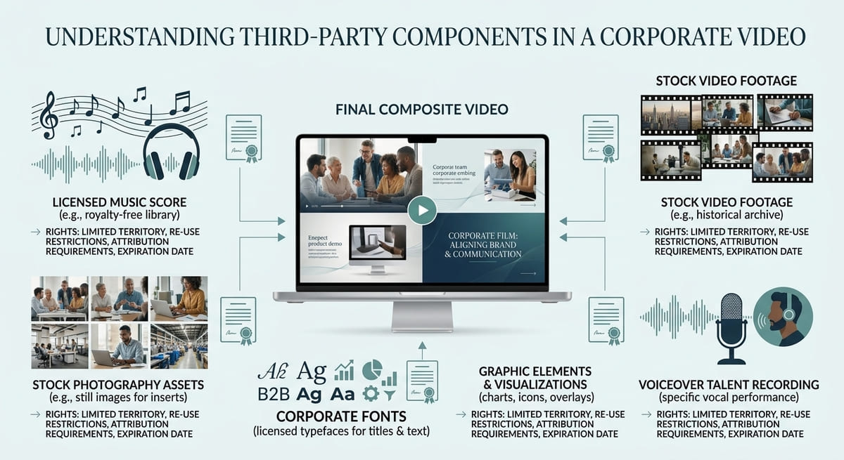 Third-party music stock footage and other assets in a business video