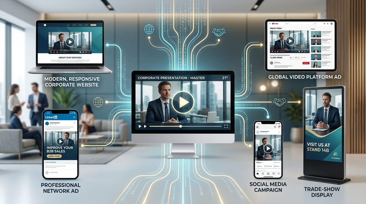 Business video distributed across website social media paid advertising and trade shows