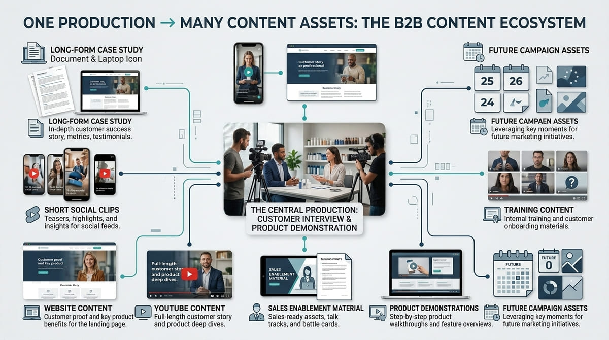 Video production content library showing multiple assets created from one shoot