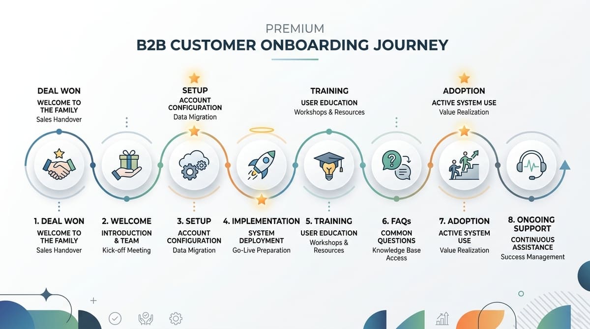 B2B customer onboarding journey from welcome and setup to training and ongoing support