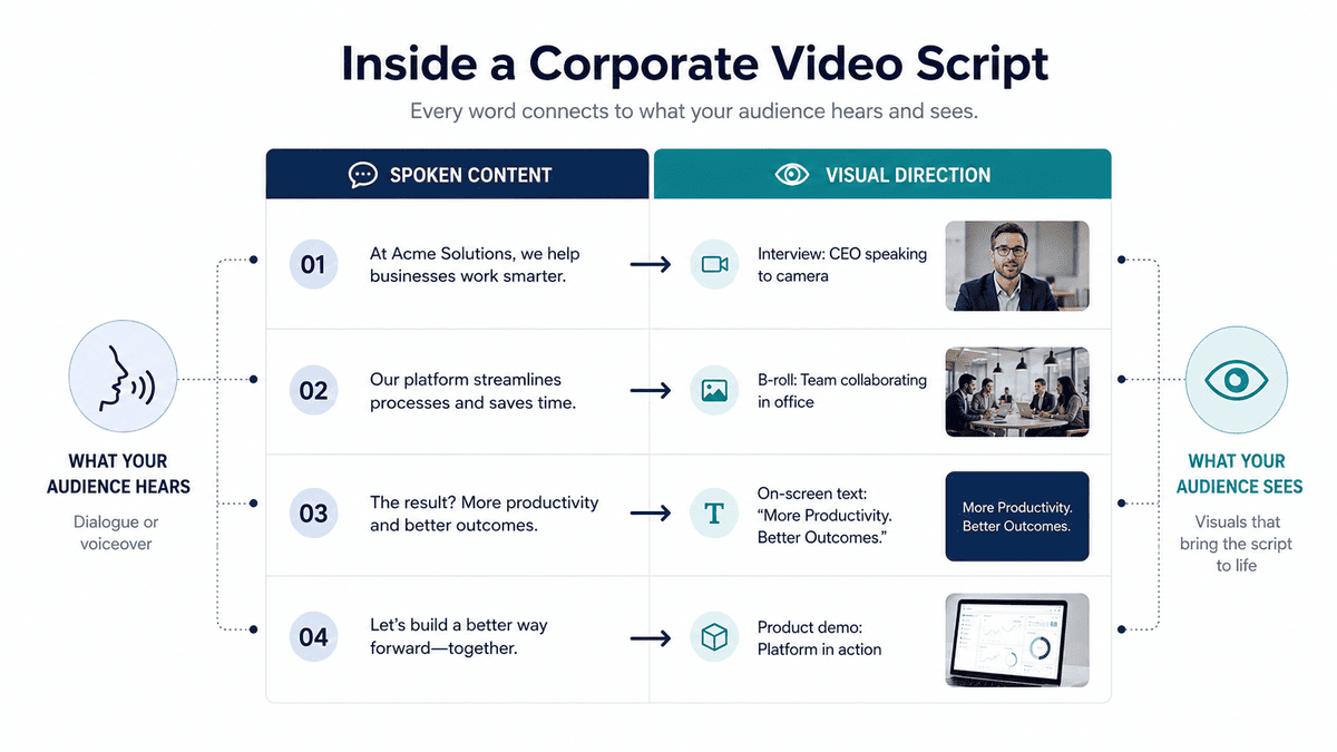 Corporate video script showing dialogue, voiceover, visuals and B-roll