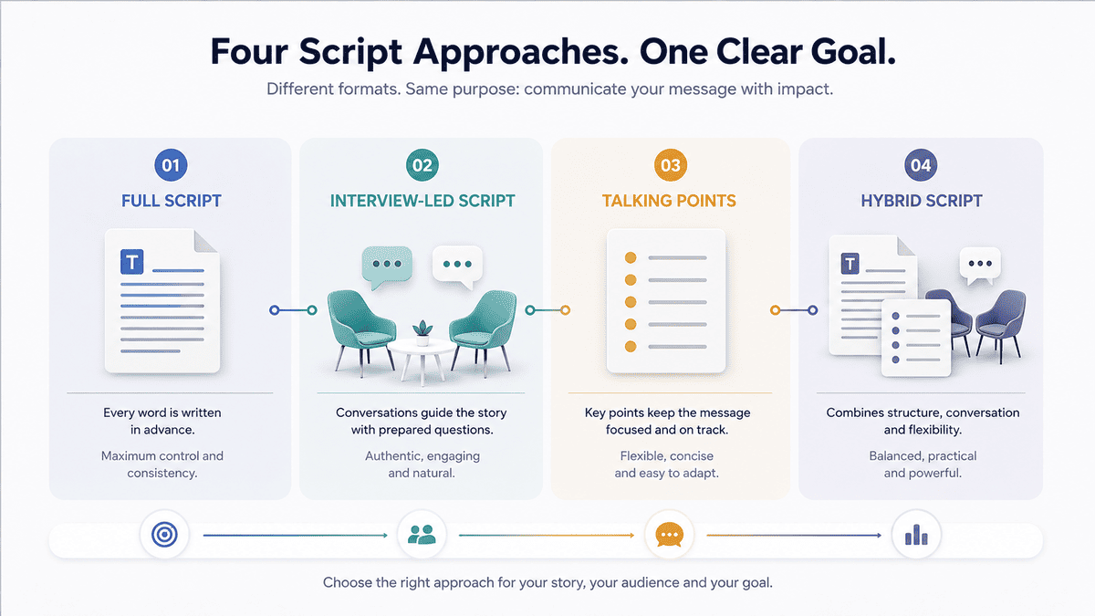 Four corporate video script formats including full script, interview-led and hybrid