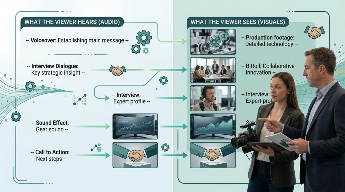 Corporate video script showing what viewers hear and see