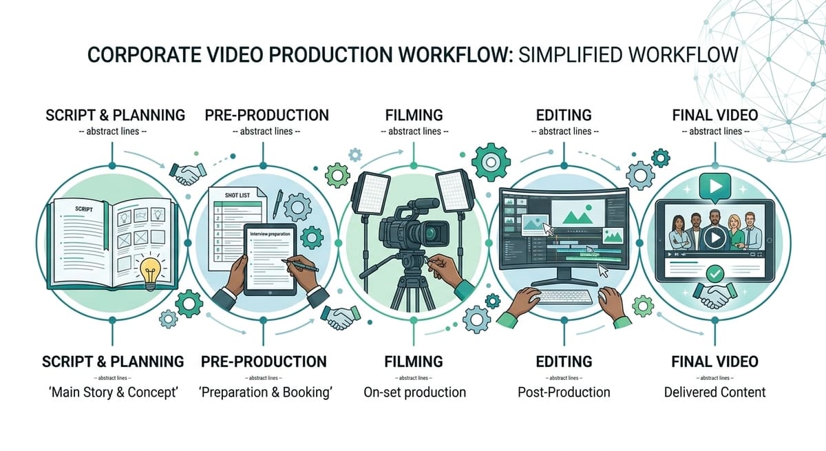 Corporate video production process from script to filming and editing