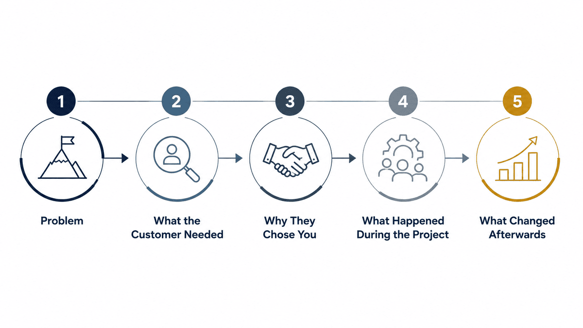 Five-stage B2B case study video structure from problem to result