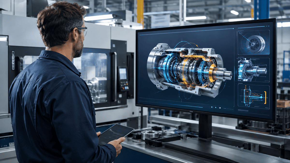 Engineer explaining industrial machinery with technical visual graphics
