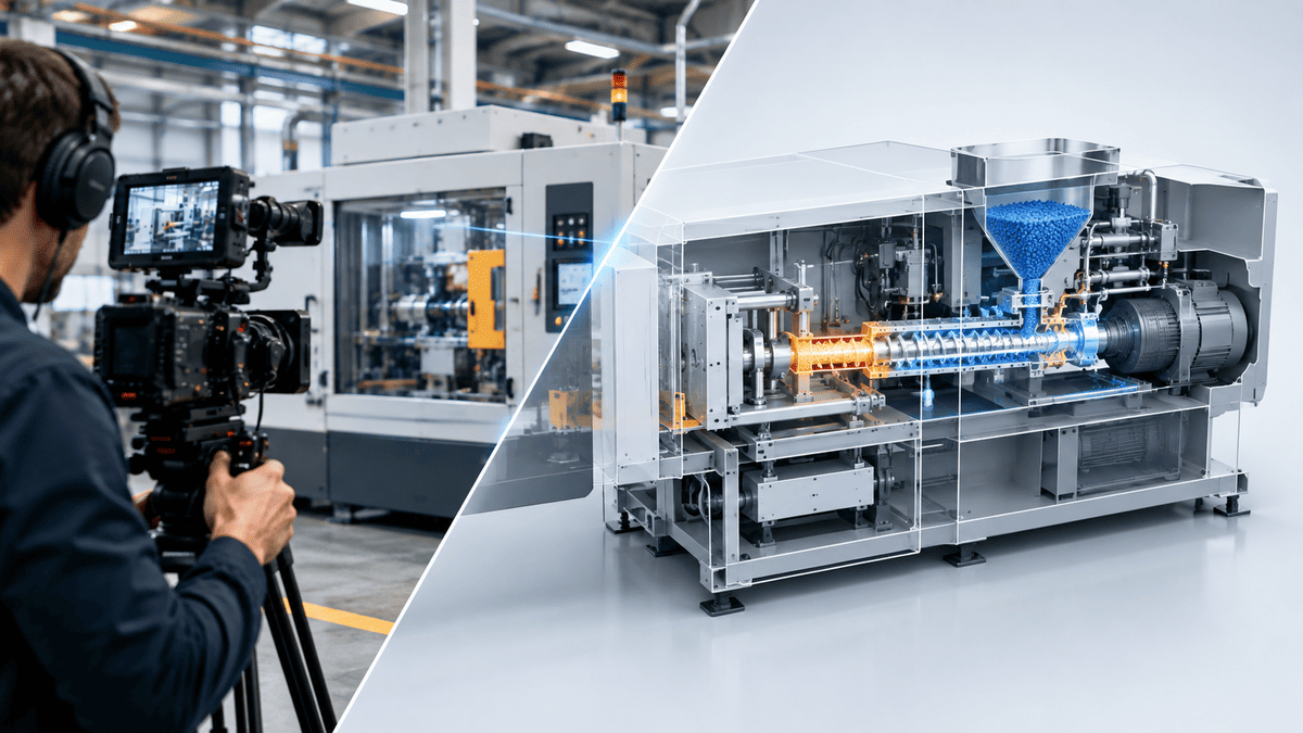 Industrial machine animation combined with real manufacturing video footage