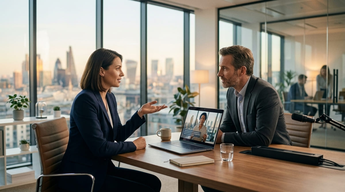 Sales professional using a business video during a client presentation