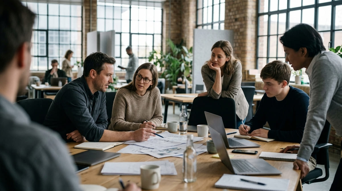 Employees collaborating naturally to show company culture in a recruitment video