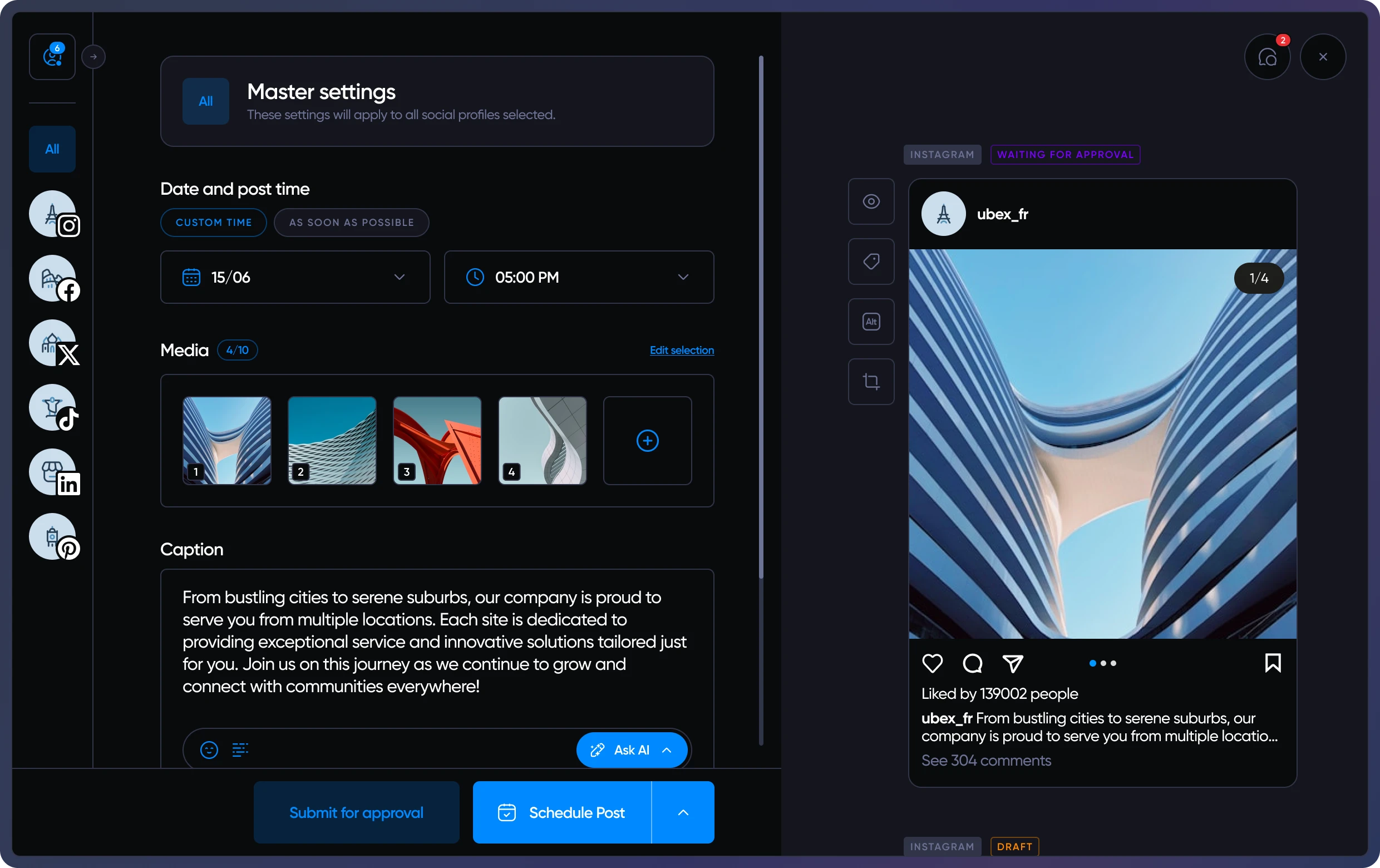 Overview of Iconosquare's scheduling features in dark mode