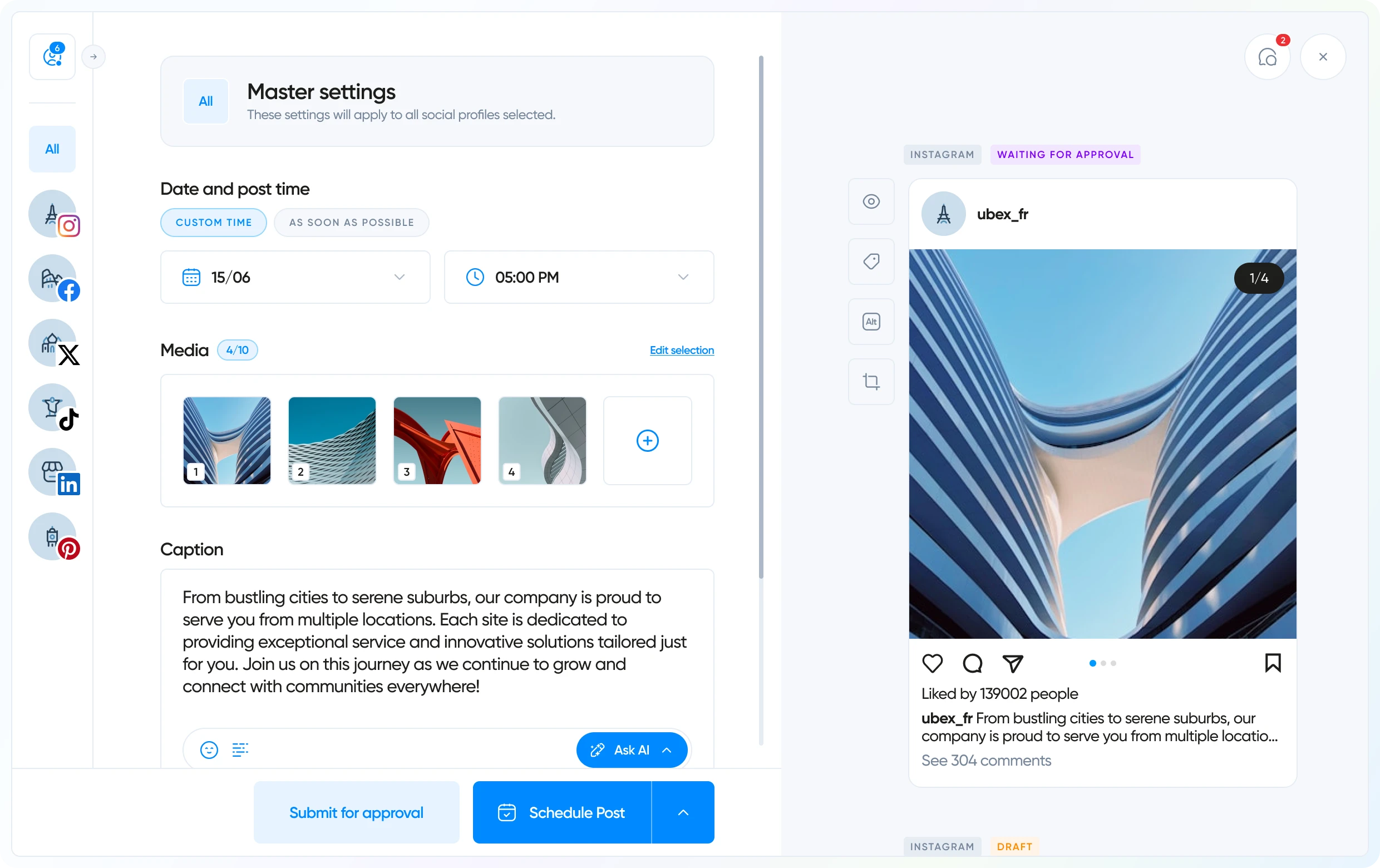 Overview of Iconosquare's scheduling features in light mode