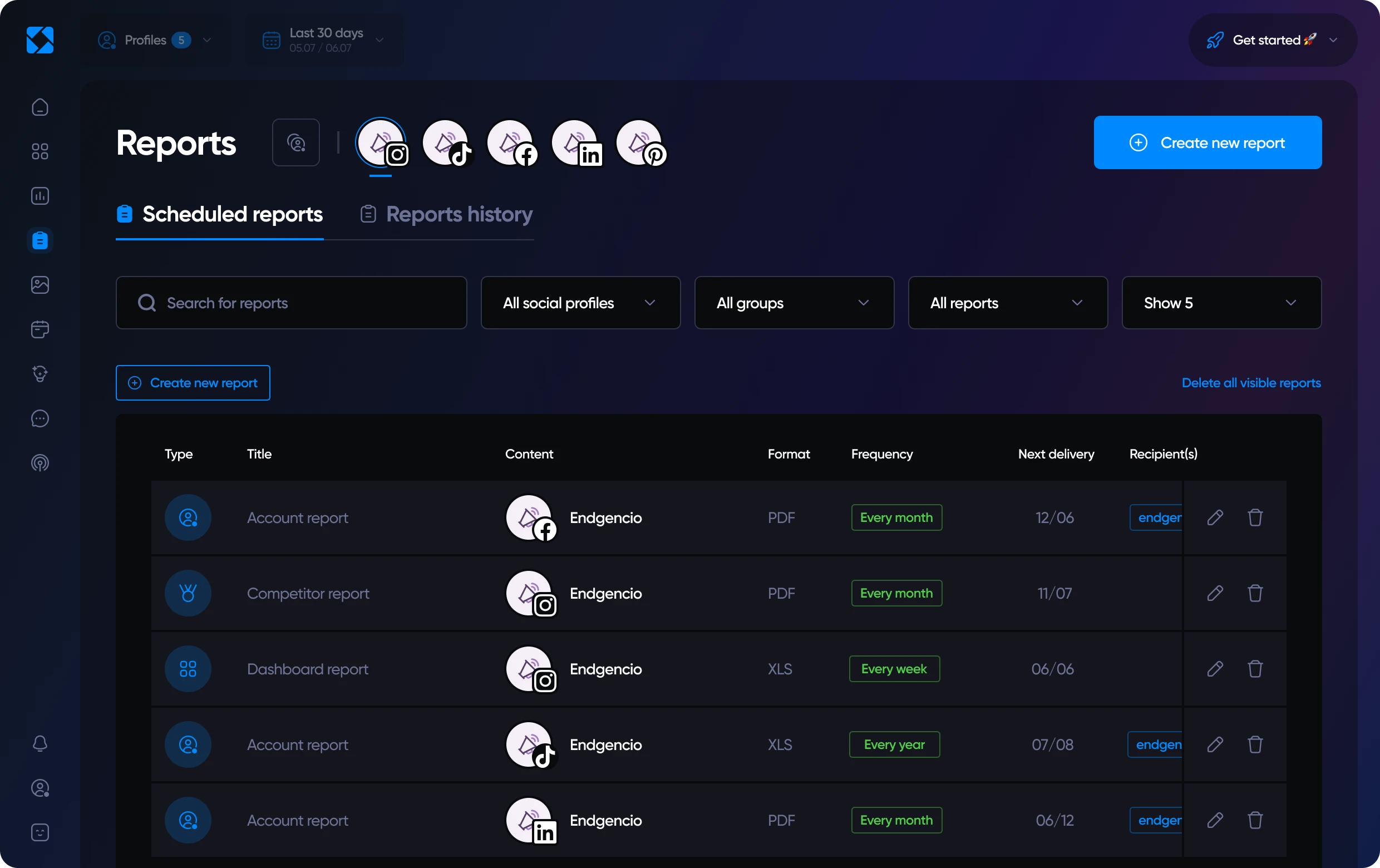Overview of Iconosquare's reporting features in dark mode