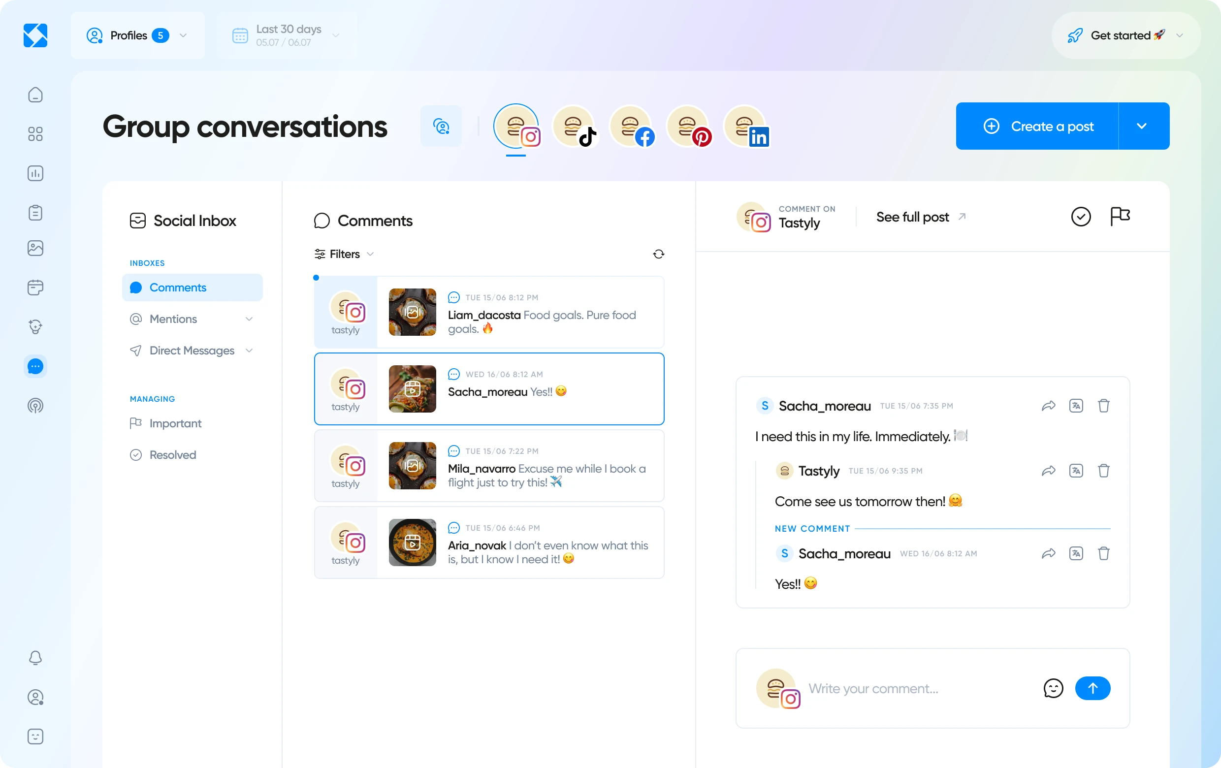 Overview of Iconosquare's conversations features in light mode