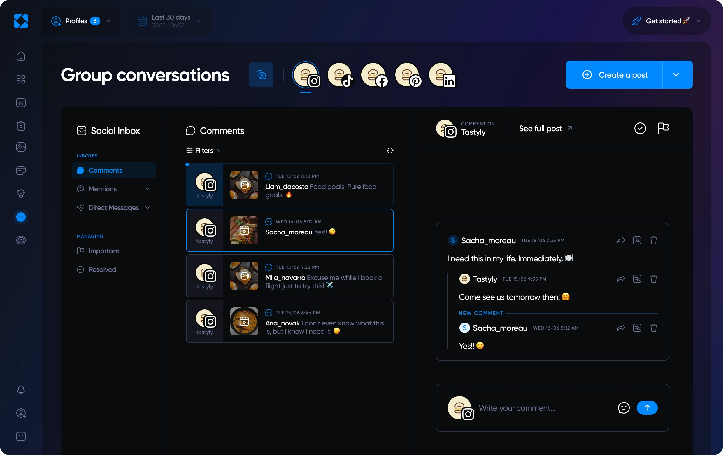 Overview of Iconosquare's conversations features in dark mode