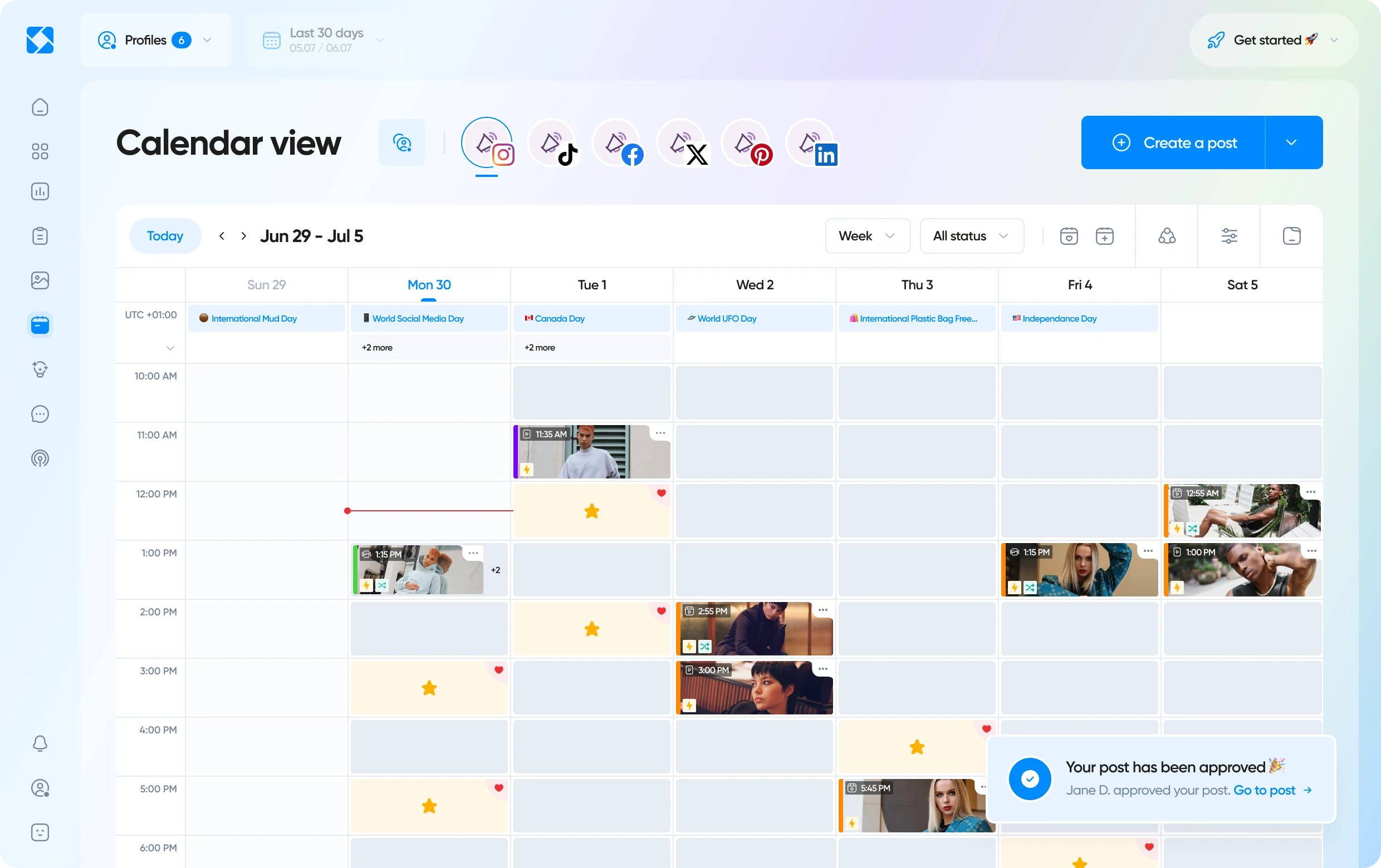Vista del calendario de Iconosquare con varios perfiles