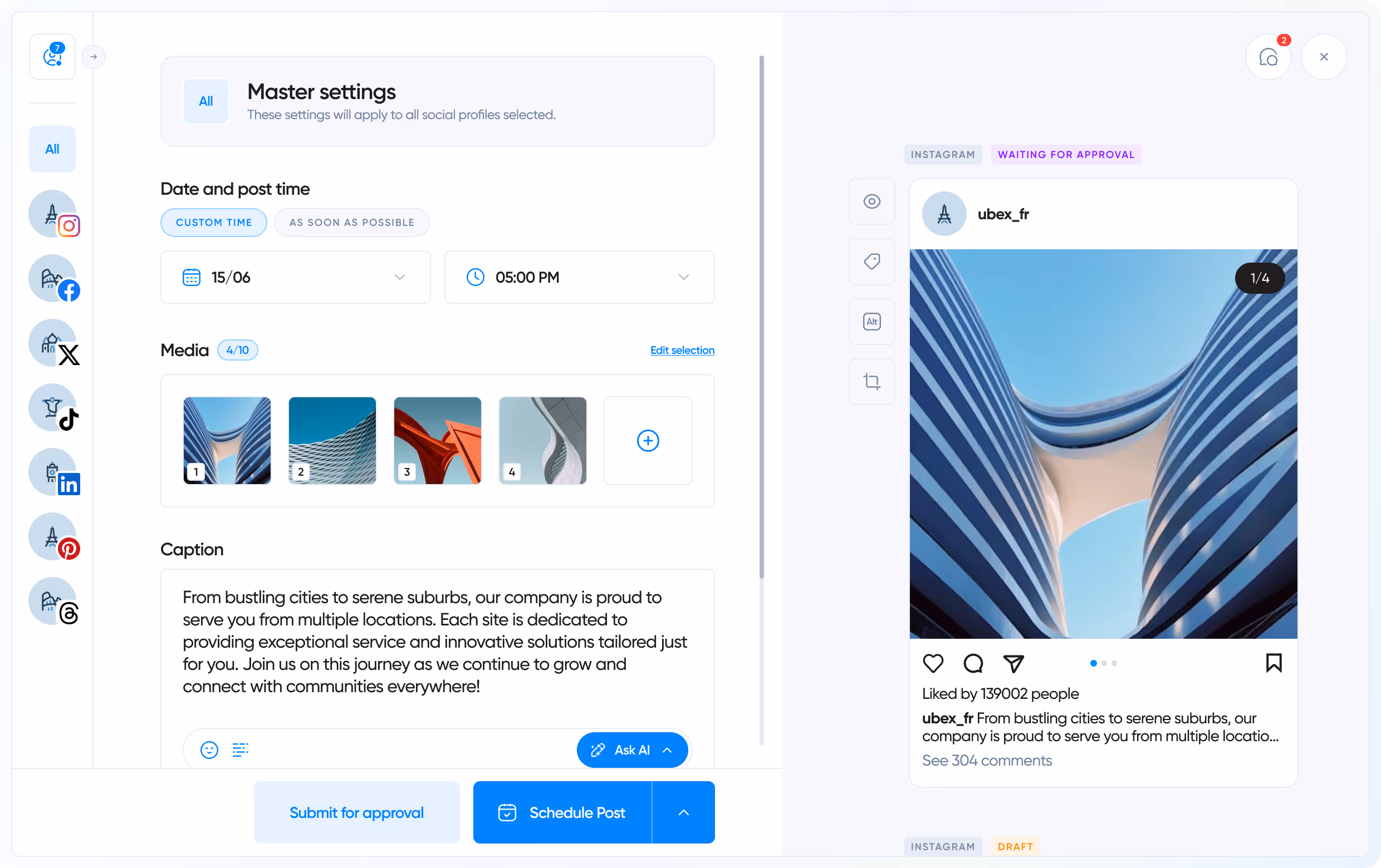 Overview of Iconosquare's scheduling features in light mode