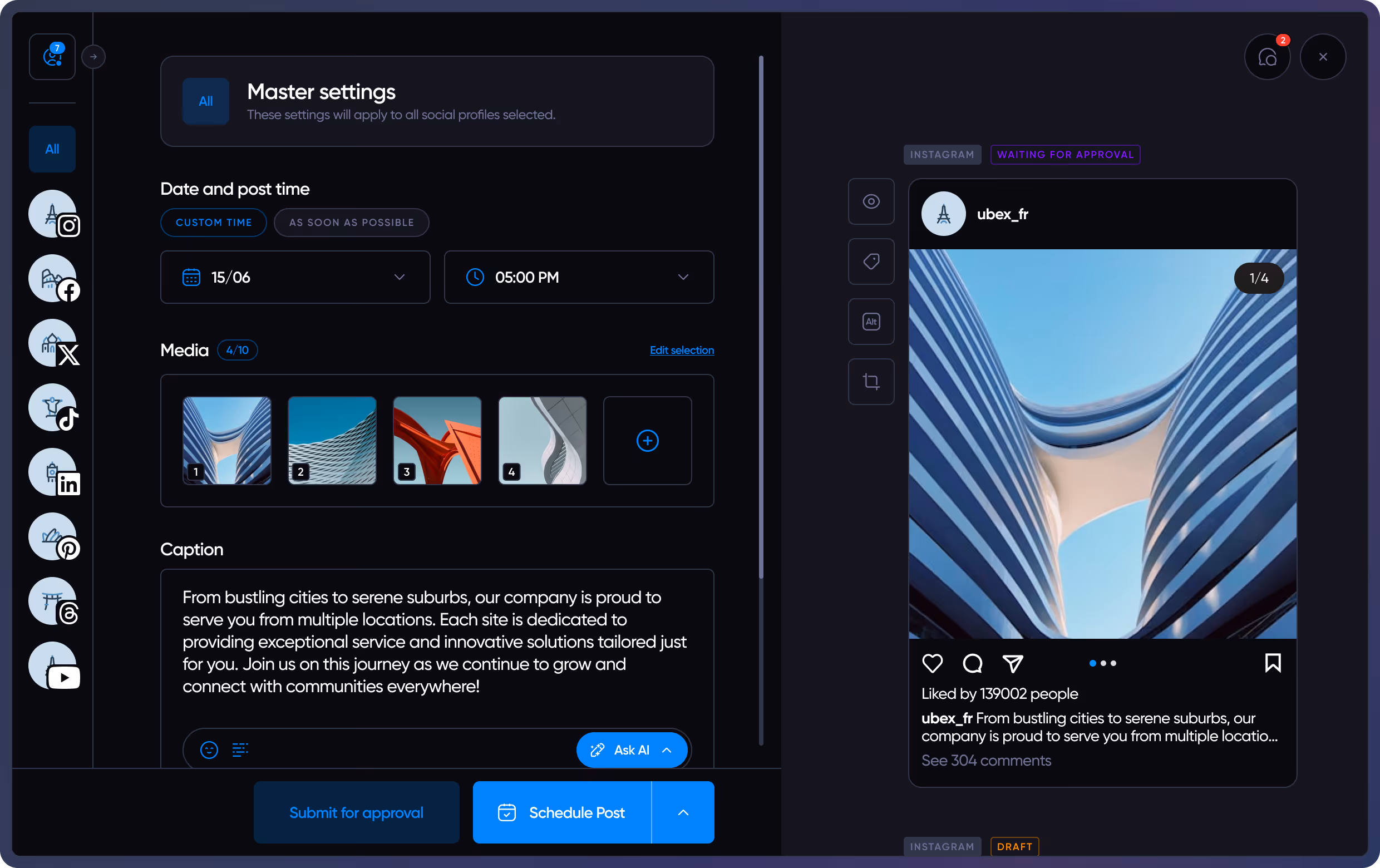 Resumen de las funciones de programación de Iconosquare en modo oscuro