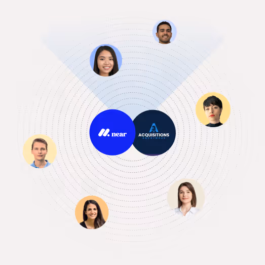 Graphic showing two central logos labeled 'near' and 'Acquisitions Anonymous' with six diverse headshots arranged around them in a circular pattern.