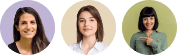 Headshots of three women with different hairstyles and expressions against pastel-colored circular backgrounds.
