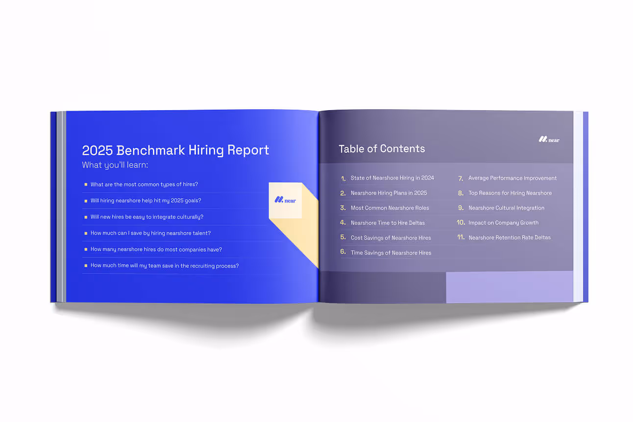 Open book showing 2025 Benchmark Hiring Report with a list of learning questions on the left and Table of Contents with 11 sections on the right.