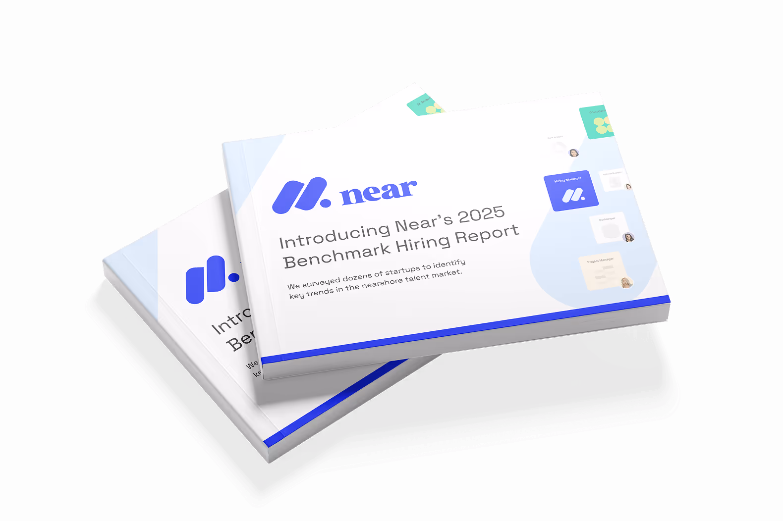 Two stacked brochures titled 'Introducing Near’s 2025 Benchmark Hiring Report' with a blue Near logo and images of job roles on the cover.