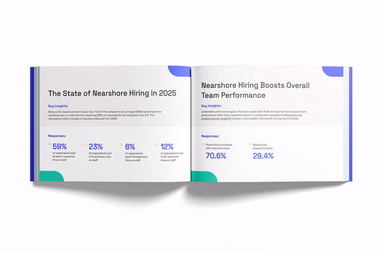 Open booklet showing data on nearshore hiring in 2025, with statistics about hiring rates and team performance improvements.