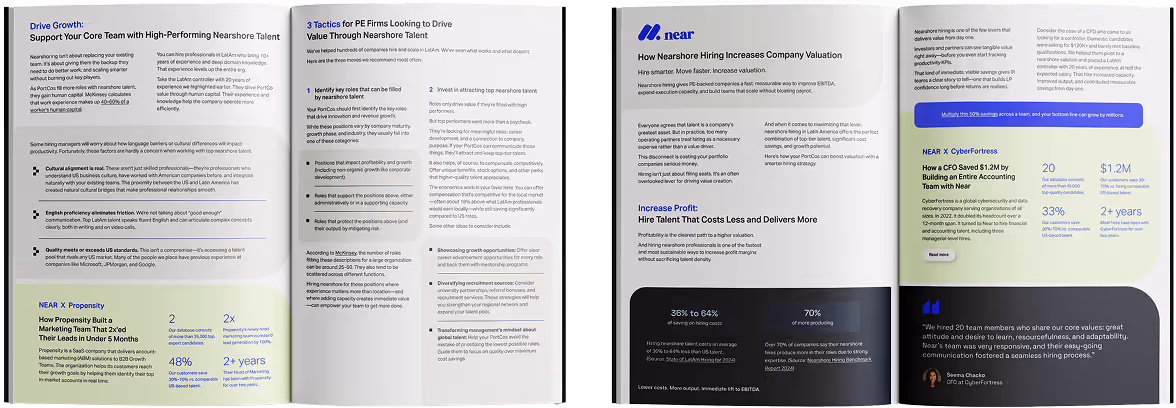 Two-page spread from a business report featuring strategies to drive growth with nearshore talent for PE firms, case studies from Propensity and CyberFortress, statistics on hiring cost savings and increased production, and client testimonial quotes.