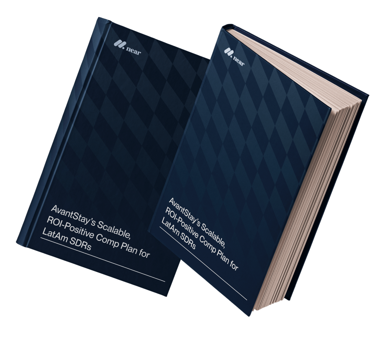 Two dark blue hardcover books titled 'AvantStay’s Scalable, ROI-Positive Comp Plan for LatAm SDRs' with Near logo