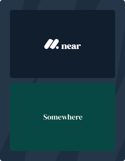 Stacked cards with the Near logo in white on a dark blue background above a green card with the word 'Somewhere' in white text.