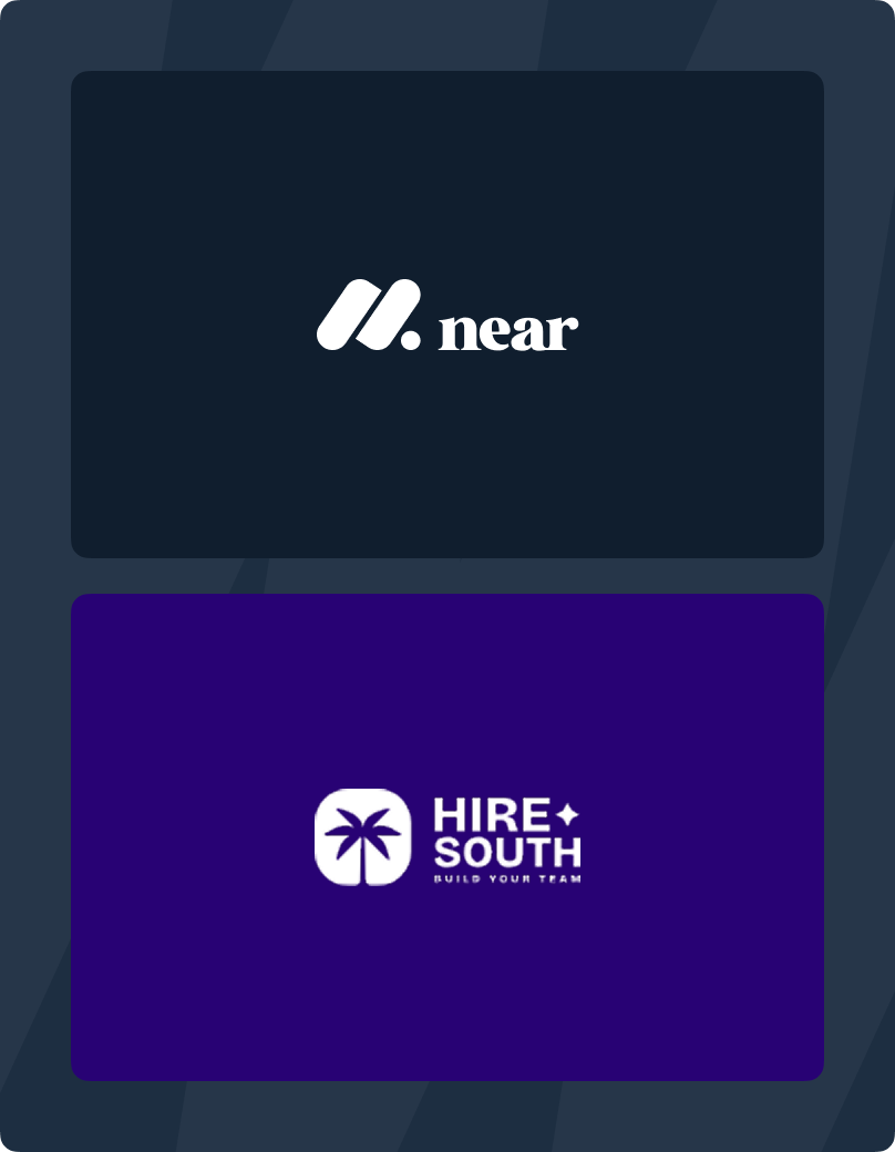 Two logos stacked vertically: the top is a stylized 'near' logo with abstract shapes, the bottom is the Hire South logo with a palm tree icon and tagline 'Build Your Team'.
