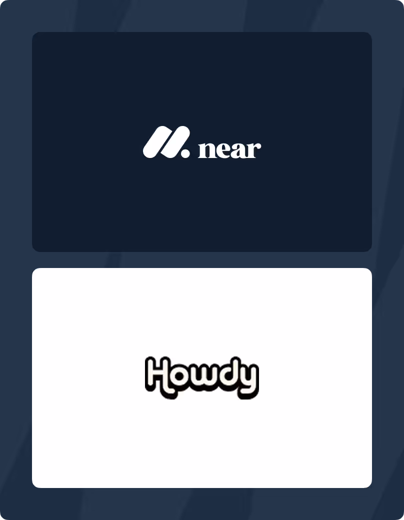 Two logos stacked vertically with a dark blue background: the Near logo with white stylized 'n.' and the Howdy logo in black rounded text on white.