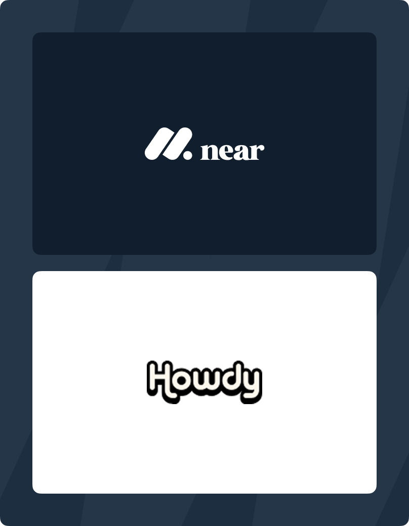 Two logos stacked vertically with a dark blue background: the Near logo with white stylized 'n.' and the Howdy logo in black rounded text on white.