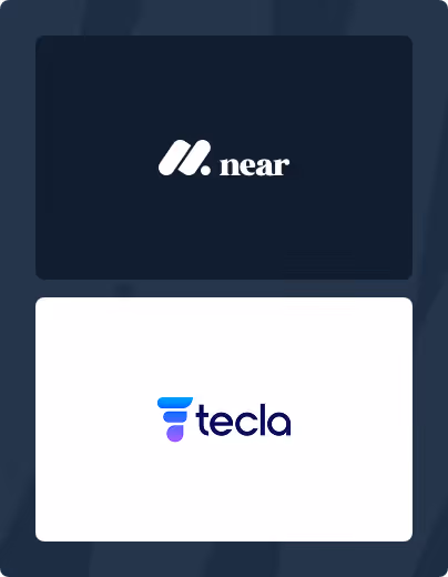 Logo of Near with white stylized icon and text on dark background above logo of Tecla with blue and purple icon and text on white background.