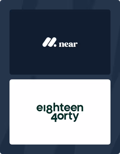 Two stacked logos with Near logo in white on dark background above and eighteen forty logo in dark green on white background below.