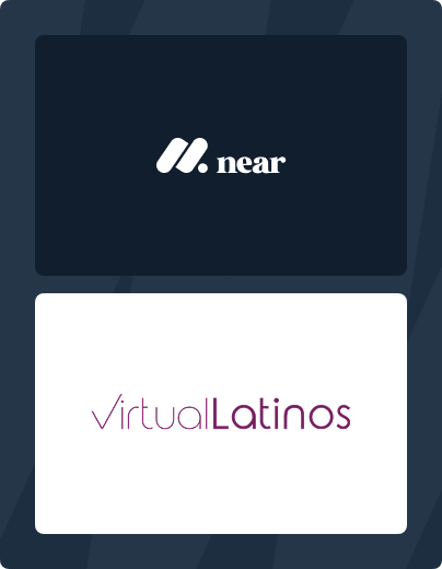 Two stacked rectangular panels with logos: the top panel is dark with the white Near logo, and the bottom panel is white with the purple Virtual Latinos logo.