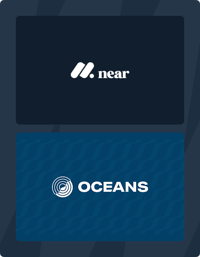 Stacked logos of Near and Oceans on a dark blue and navy patterned background.