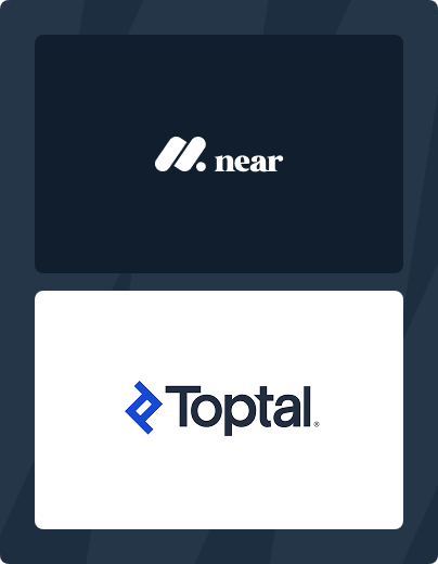 Logos of Near and Toptal, Near logo in white on dark background and Toptal logo in blue and black on white background.