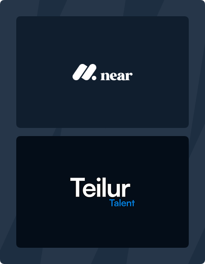 Two dark rectangular cards stacked vertically with logos; the top card shows the Near logo with stylized white shapes and text, the bottom card displays the Teilur Talent logo in white and blue text.