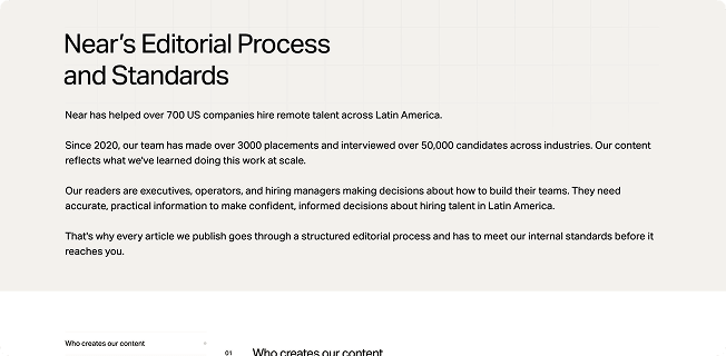 Near's Editorial Process and Standards page detailing their commitment to accurate, practical content for US companies hiring remote talent across Latin America.