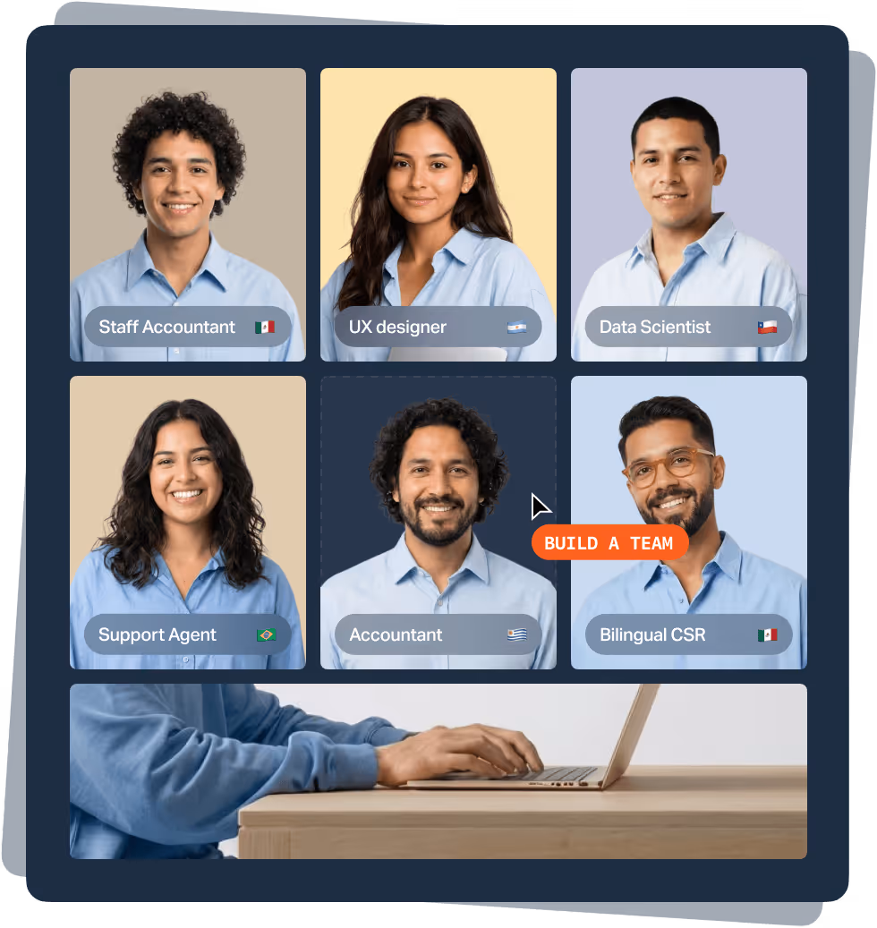 Six professional portraits of diverse people with job titles and country flags, plus hands typing on a laptop below, interface element shows Build a Team button.