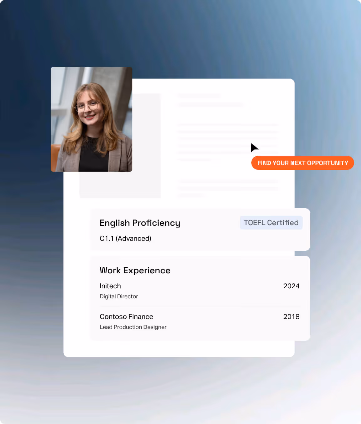 Smiling woman with glasses and brown hair on a resume showing English proficiency and work experience.