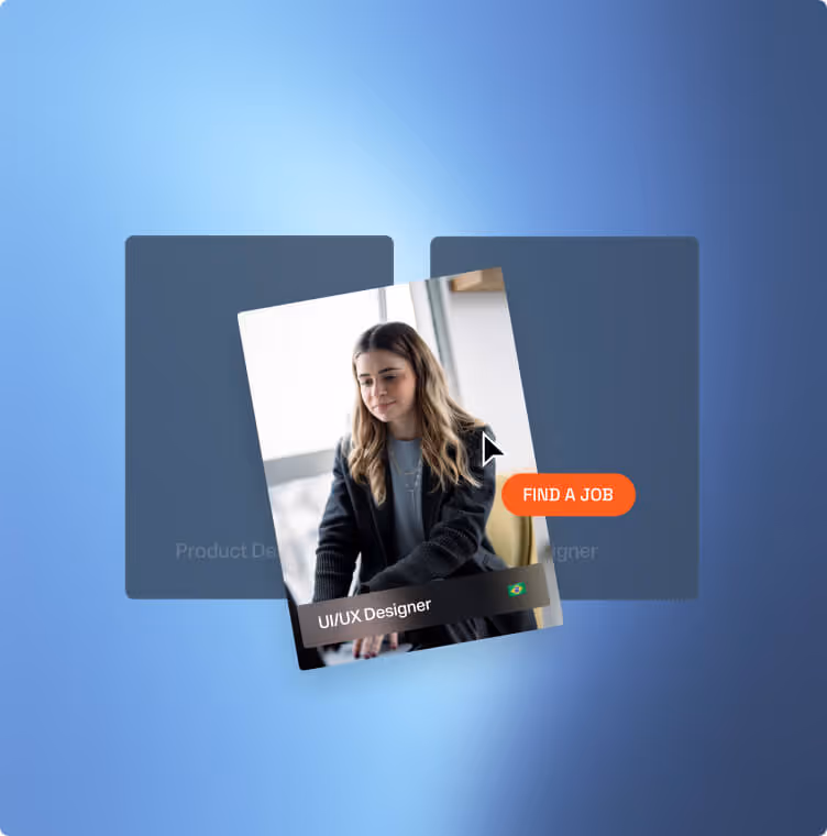 User's cursor hovering over a UI/UX Designer job card with a woman sitting in black jacket.