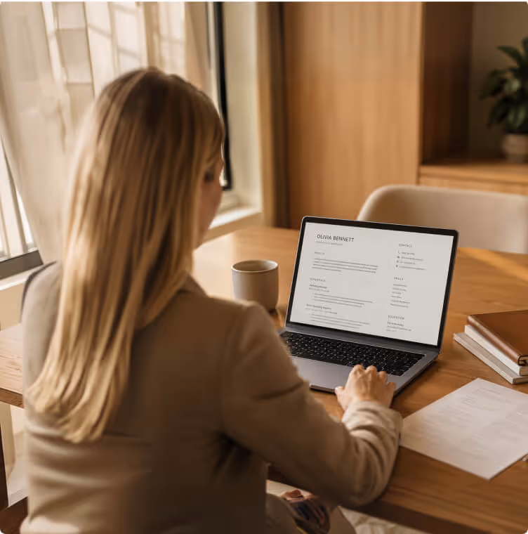 Woman viewing a resume on a laptop at a wooden table with coffee and documents nearby.