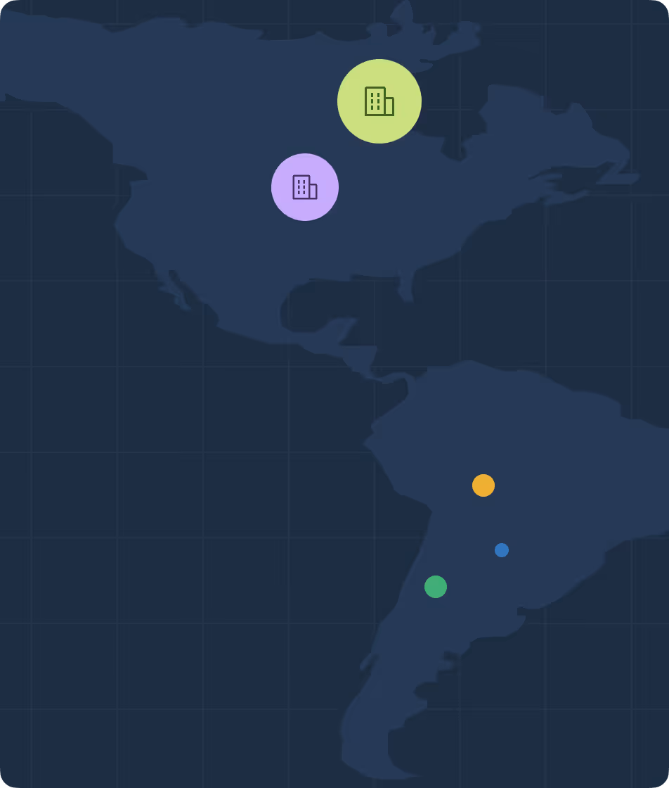 Map of Americas with location markers on North and South America, including two building icons.