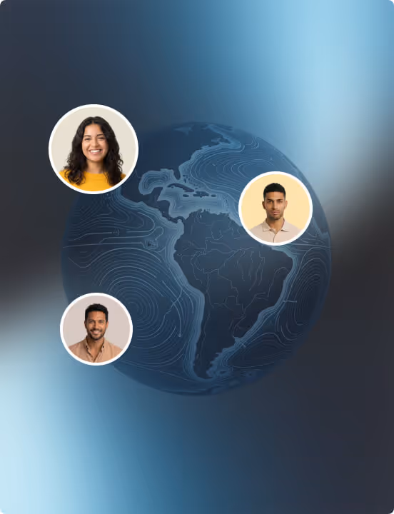 Globe showing Americas with three smiling people's faces in circles around it on gradient background.