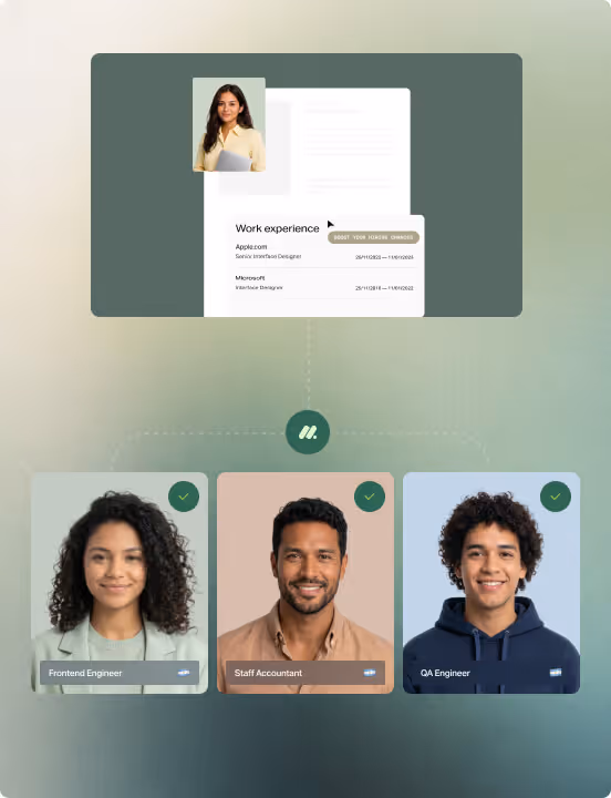 Profile photos of a frontend engineer, staff accountant, and QA engineer under a work experience document.