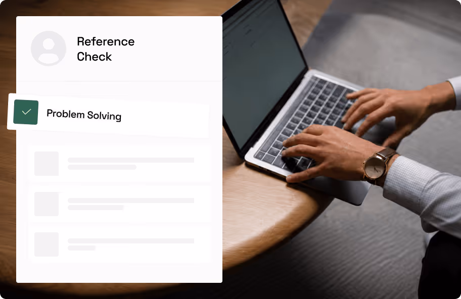 Person typing on a laptop with a digital checklist titled Reference Check, showing Problem Solving checked.