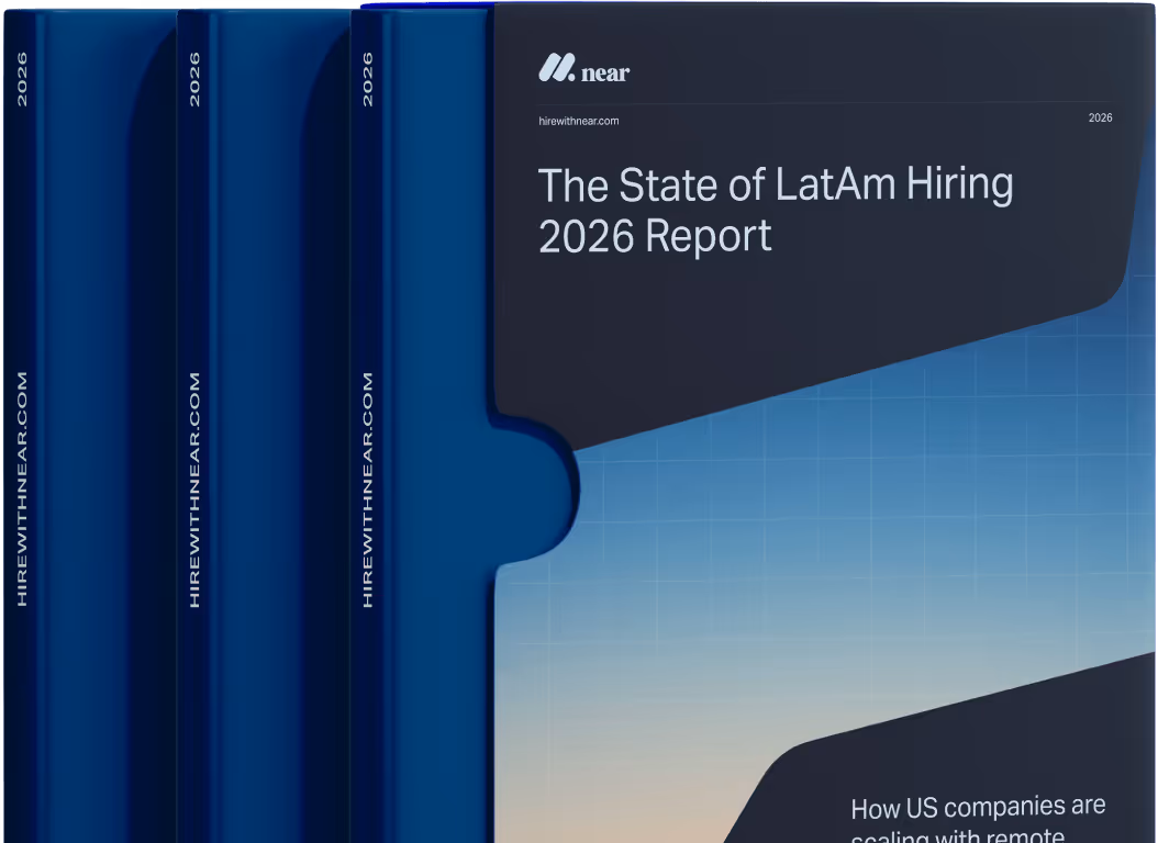 Cover of The State of LatAm Hiring 2026 Report by Near with a blue gradient and grid background.