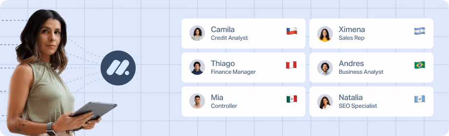 Woman holding tablet next to a team list with photos, roles, and flags of Latin American countries.